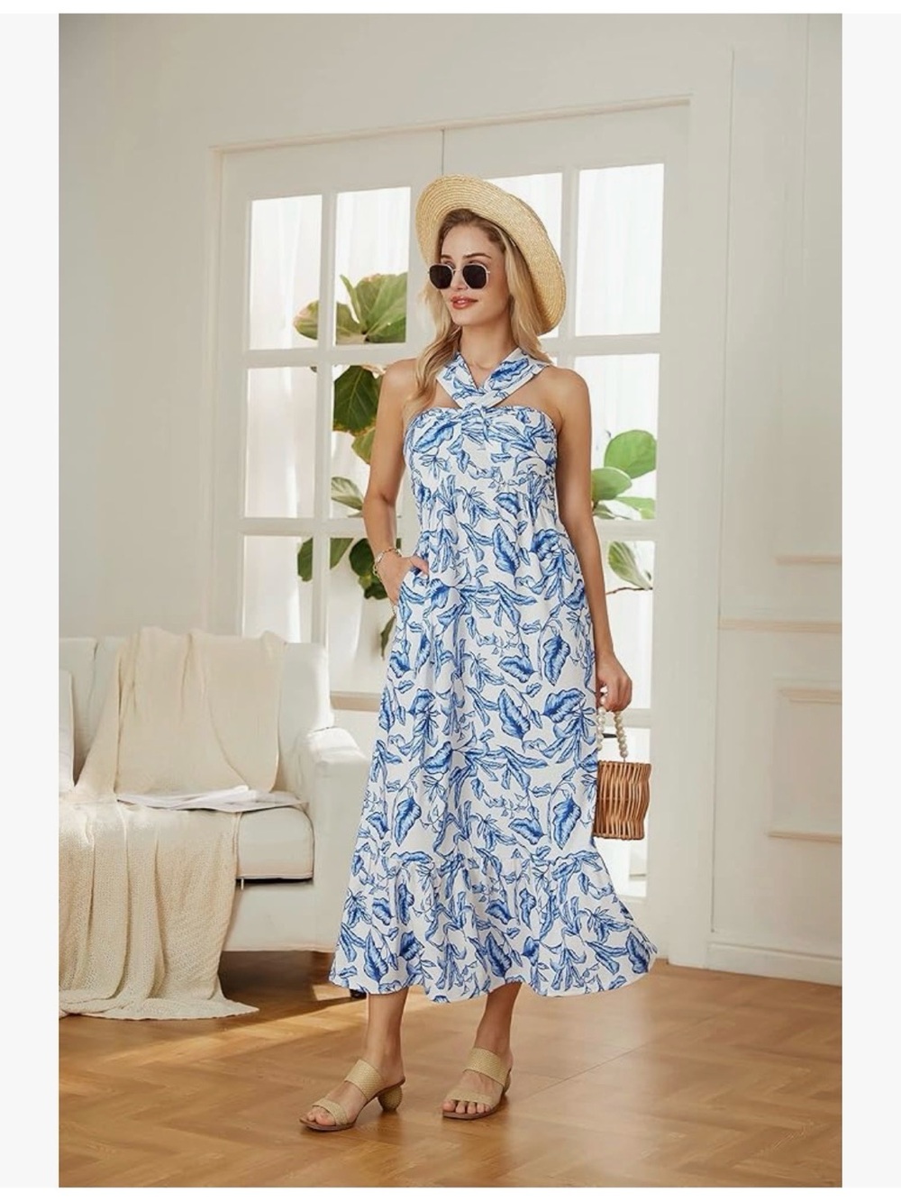 Grace Karin Blue & White Tropical Midi Dress